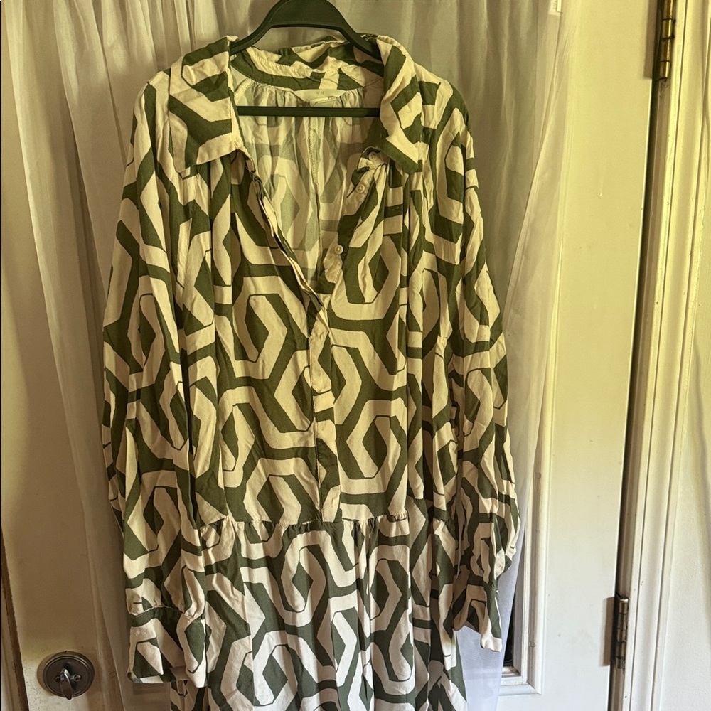 H&M Olive and Cream Patterned Long Sleeve Dress